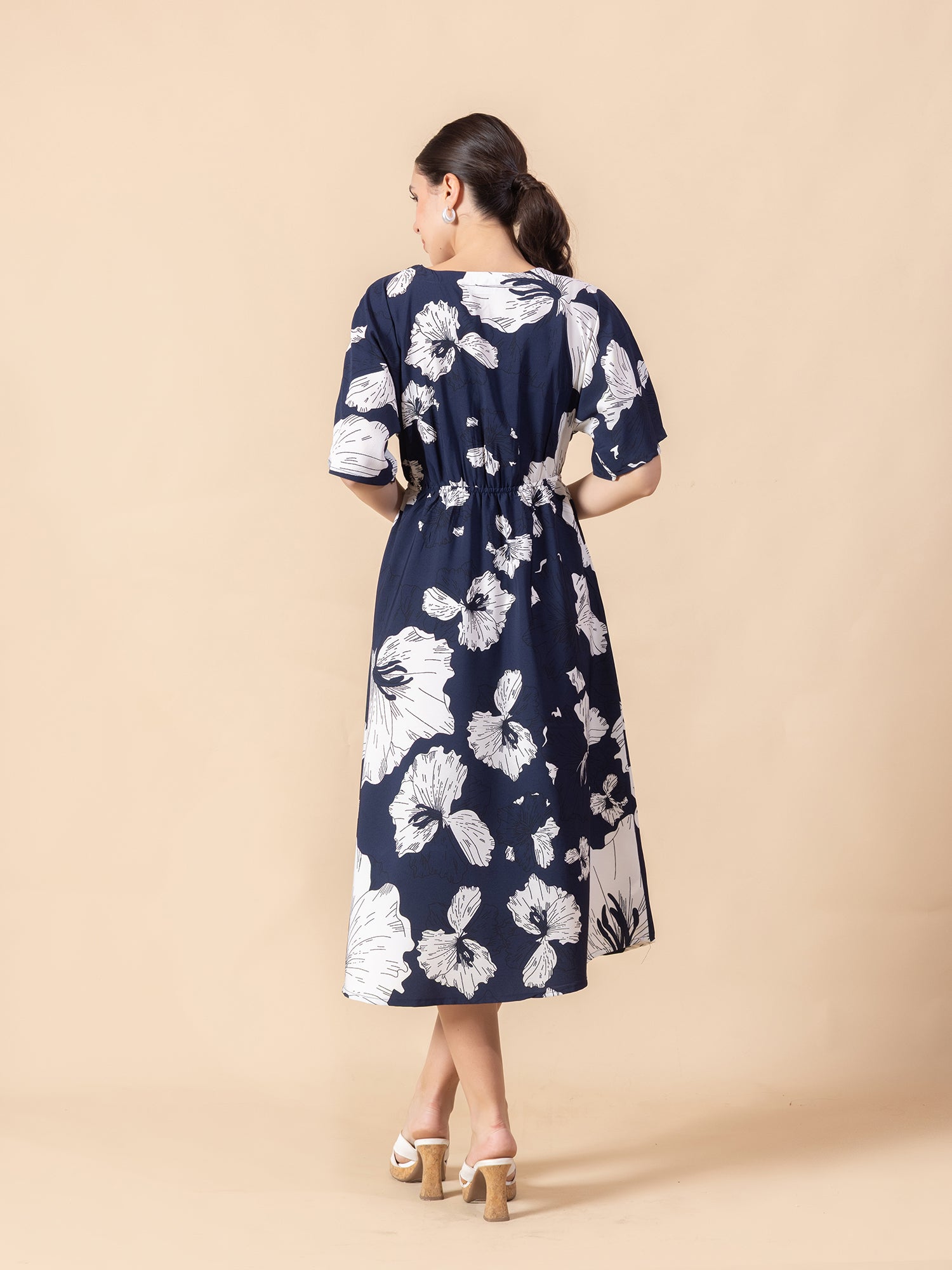 Floral Print Crepe Fit & Flare Midi Dress