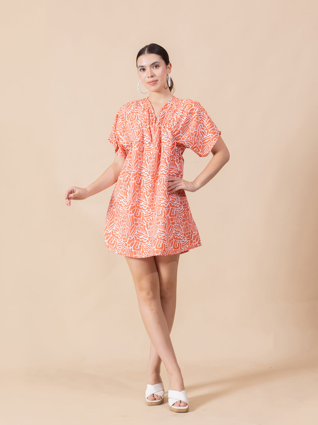 Print Flared Sleeve Crepe A-Line Mini Dress