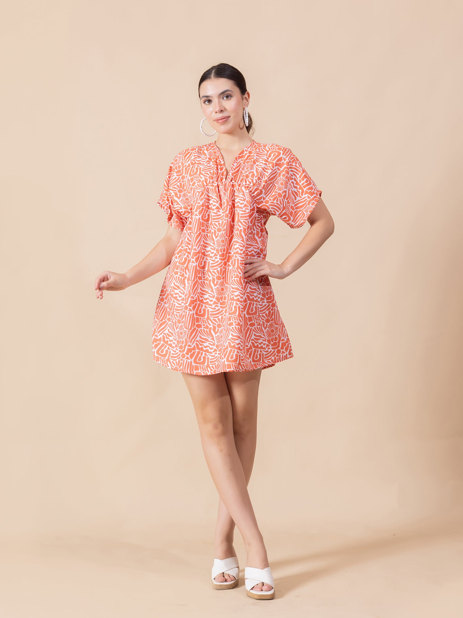 Print Flared Sleeve Crepe A-Line Mini Dress