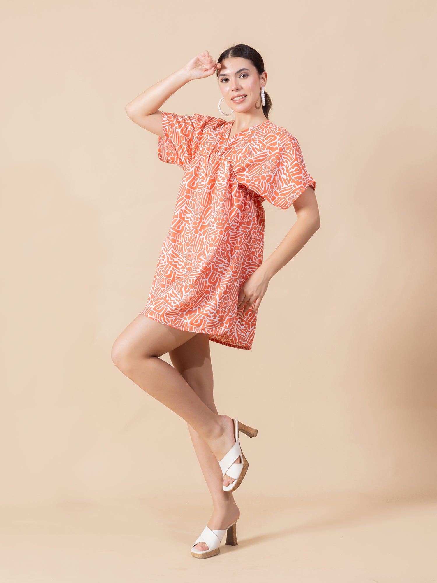 Print Flared Sleeve Crepe A-Line Mini Dress
