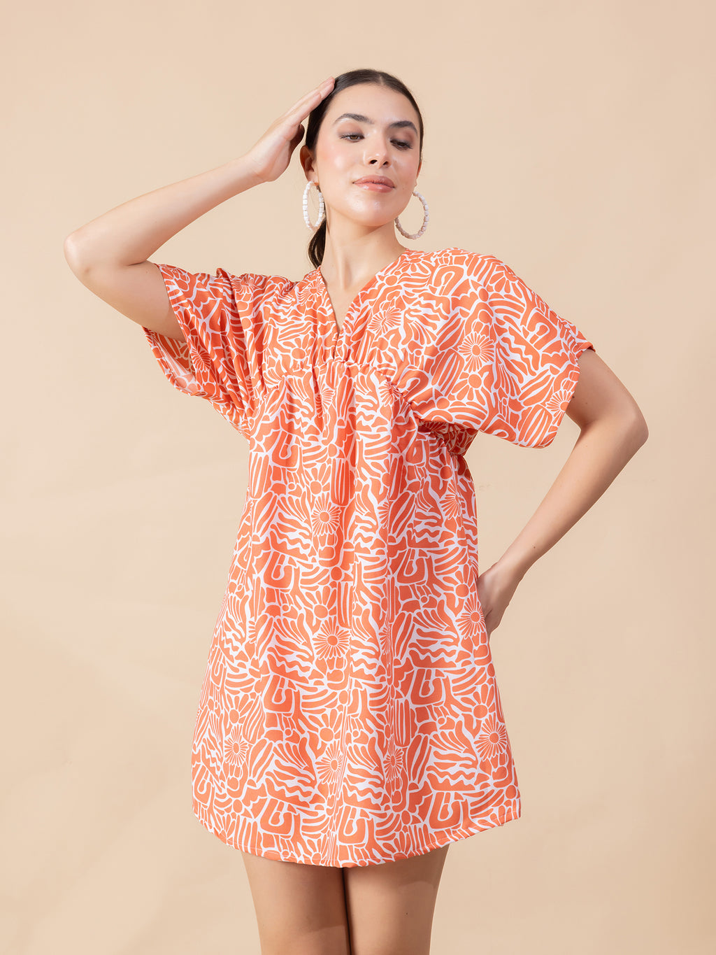 Print Flared Sleeve Crepe A-Line Mini Dress