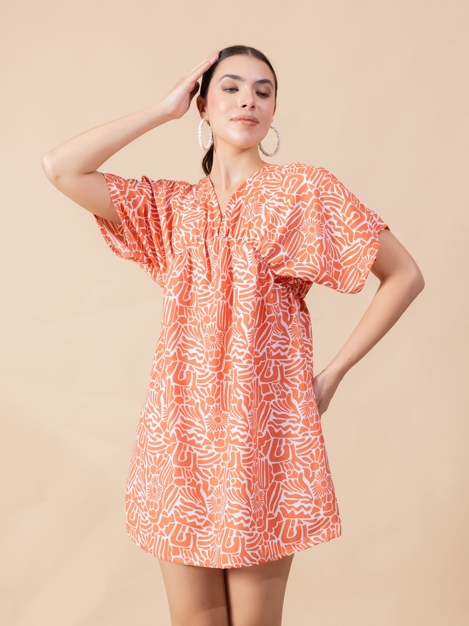 Print Flared Sleeve Crepe A-Line Mini Dress