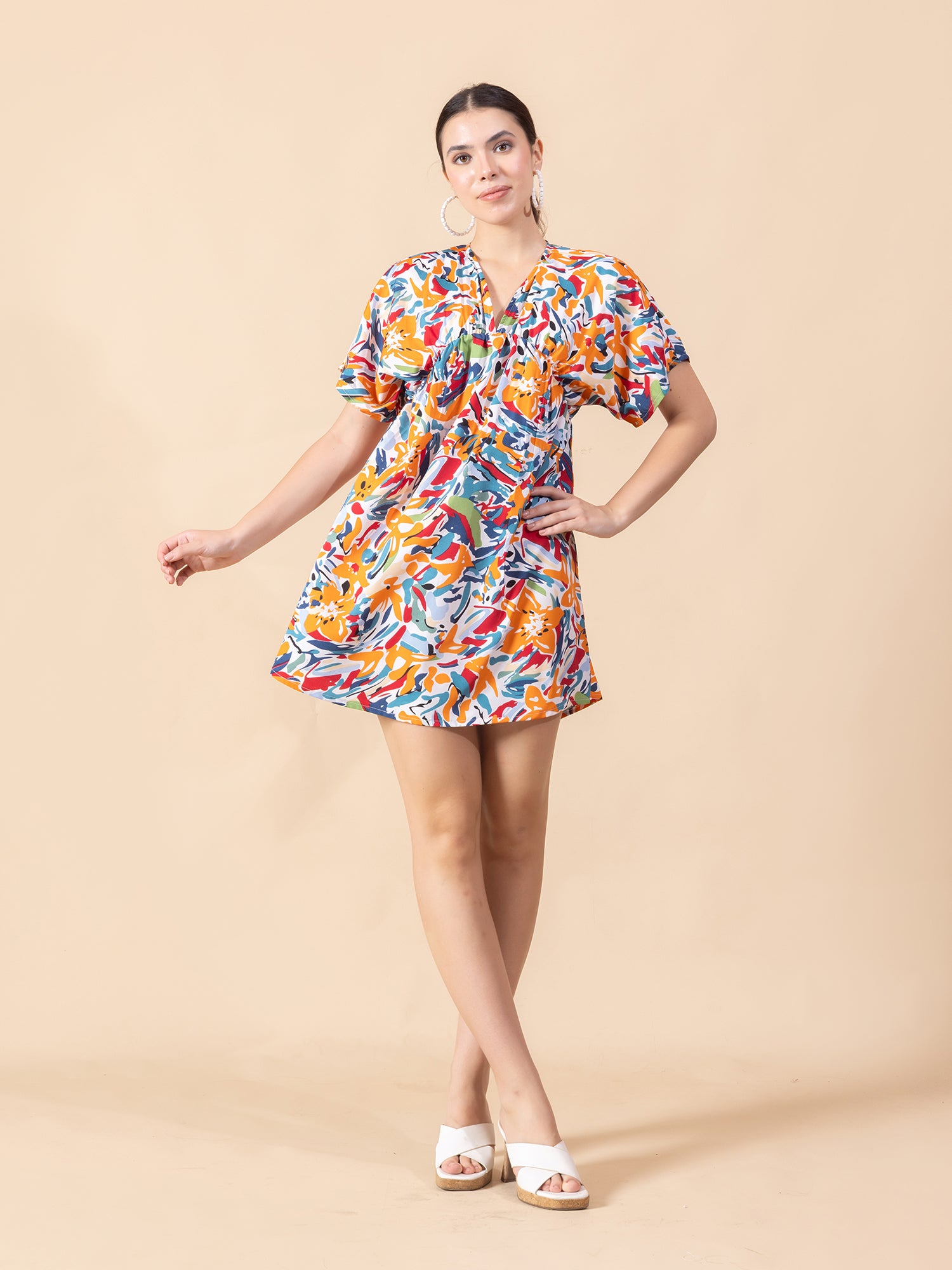 Print Flared Sleeve Crepe A-Line Mini Dress