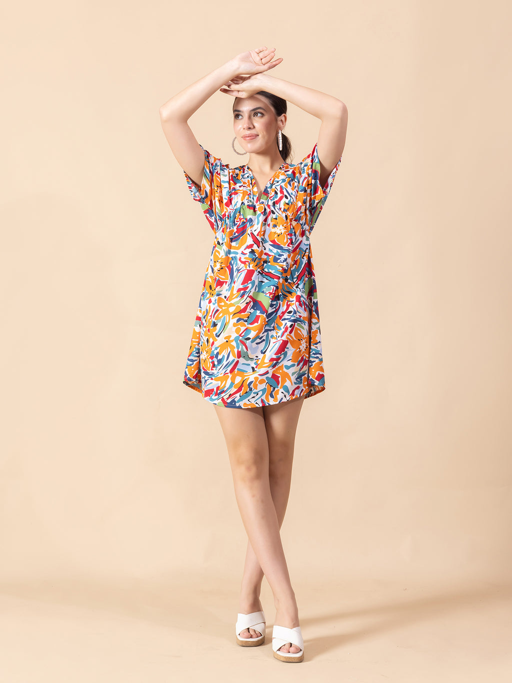 Print Flared Sleeve Crepe A-Line Mini Dress