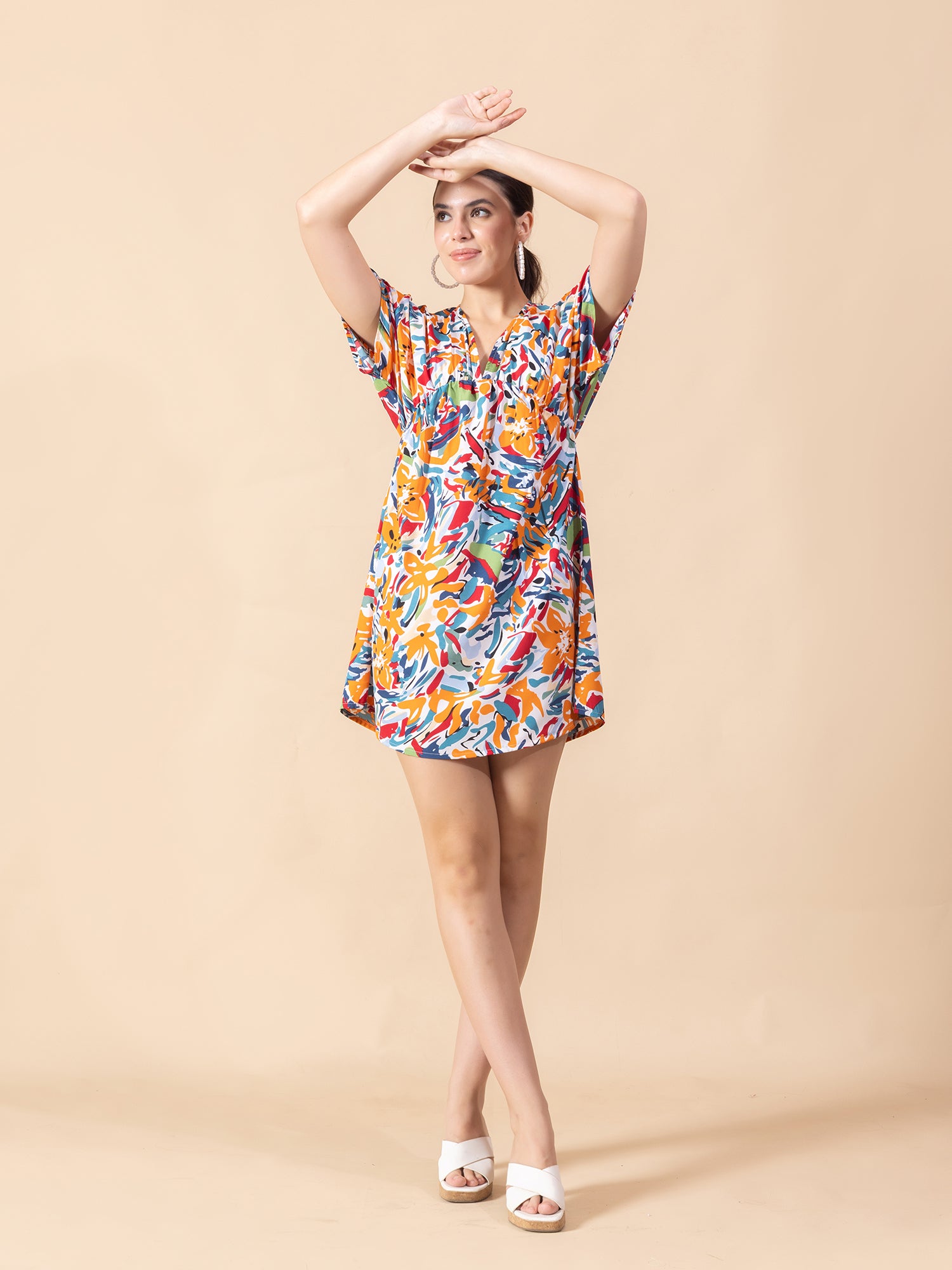 Print Flared Sleeve Crepe A-Line Mini Dress