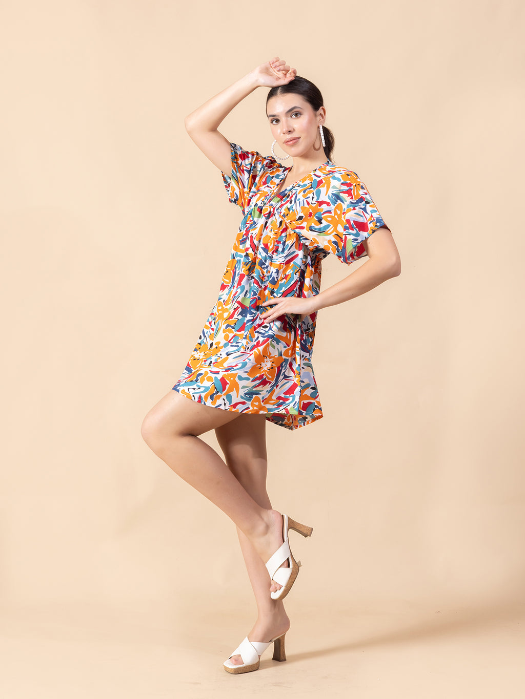 Print Flared Sleeve Crepe A-Line Mini Dress
