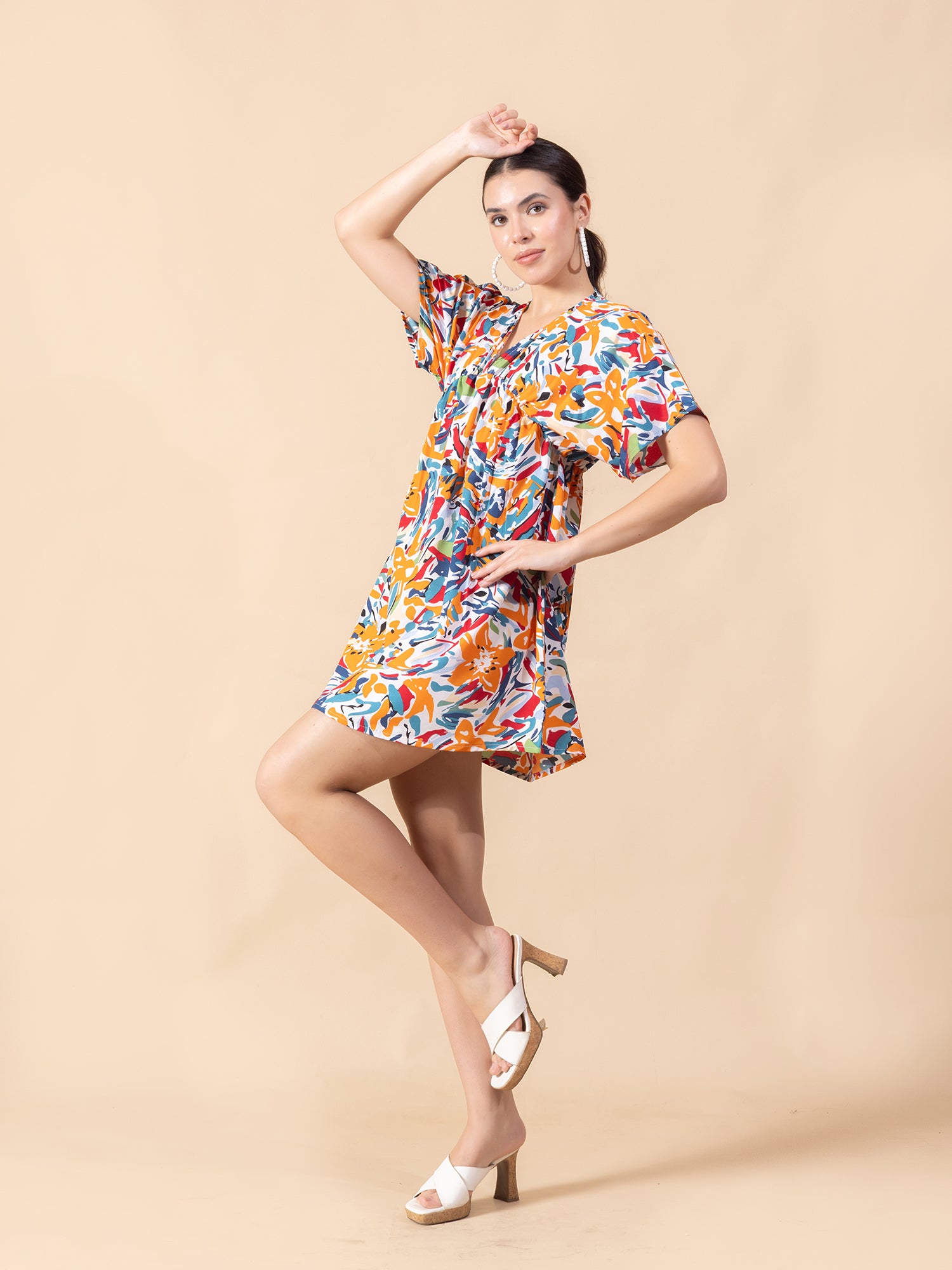 Print Flared Sleeve Crepe A-Line Mini Dress