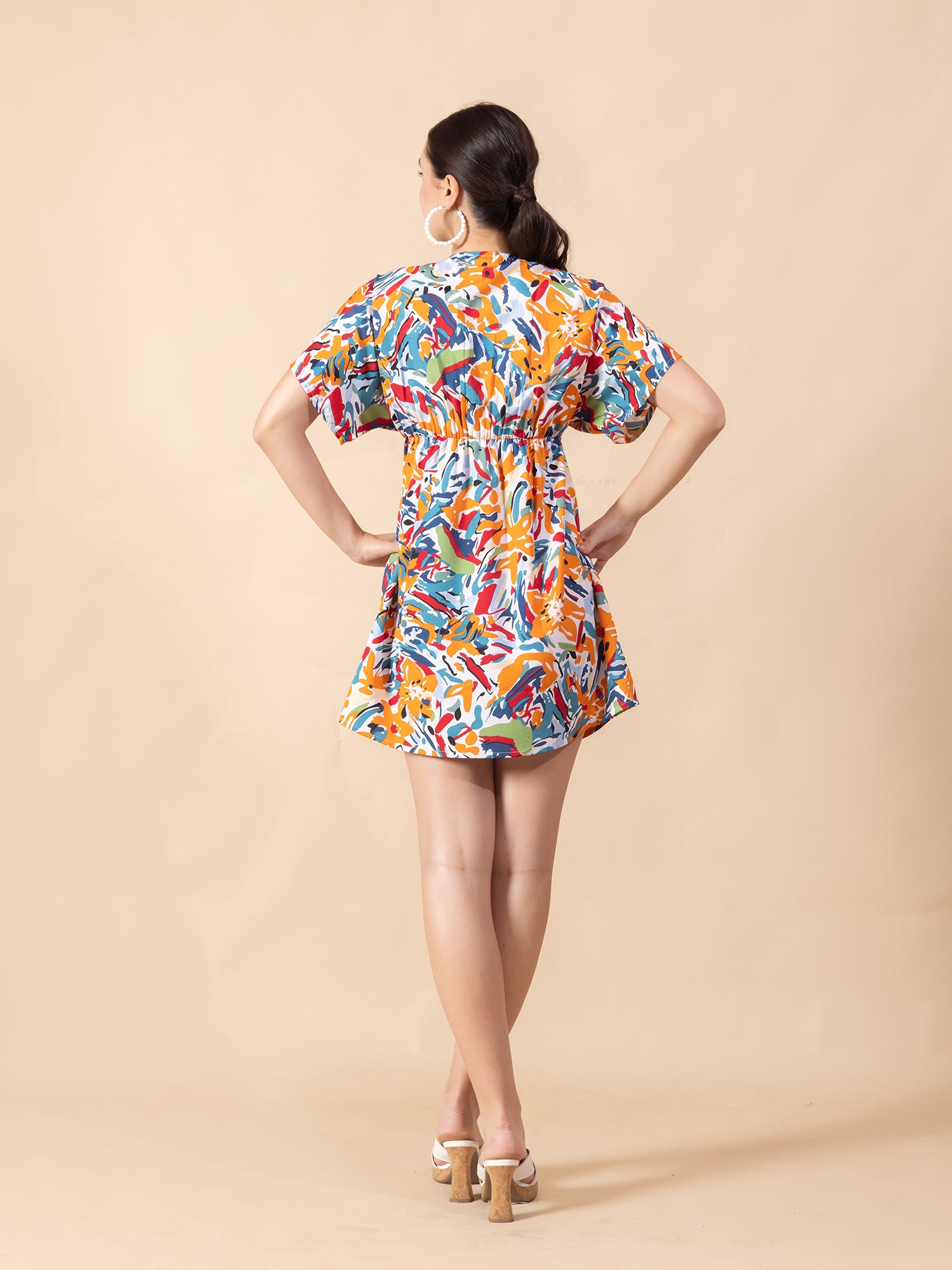 Print Flared Sleeve Crepe A-Line Mini Dress