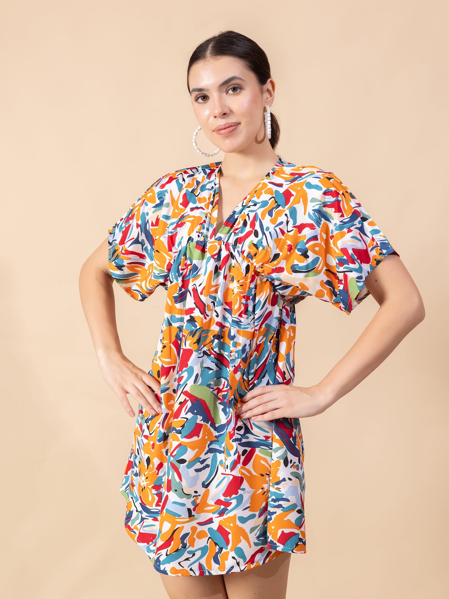 Print Flared Sleeve Crepe A-Line Mini Dress